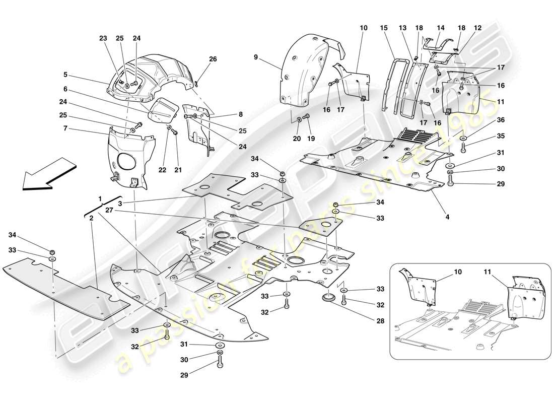 ferrari 612 sessanta (europe) flat undertray and wheelhouses parts diagram