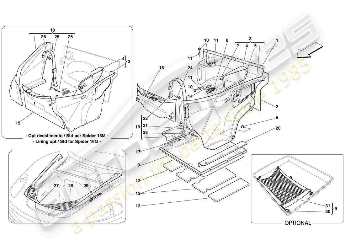 ferrari f430 scuderia spider 16m (usa) front compartment trim parts diagram