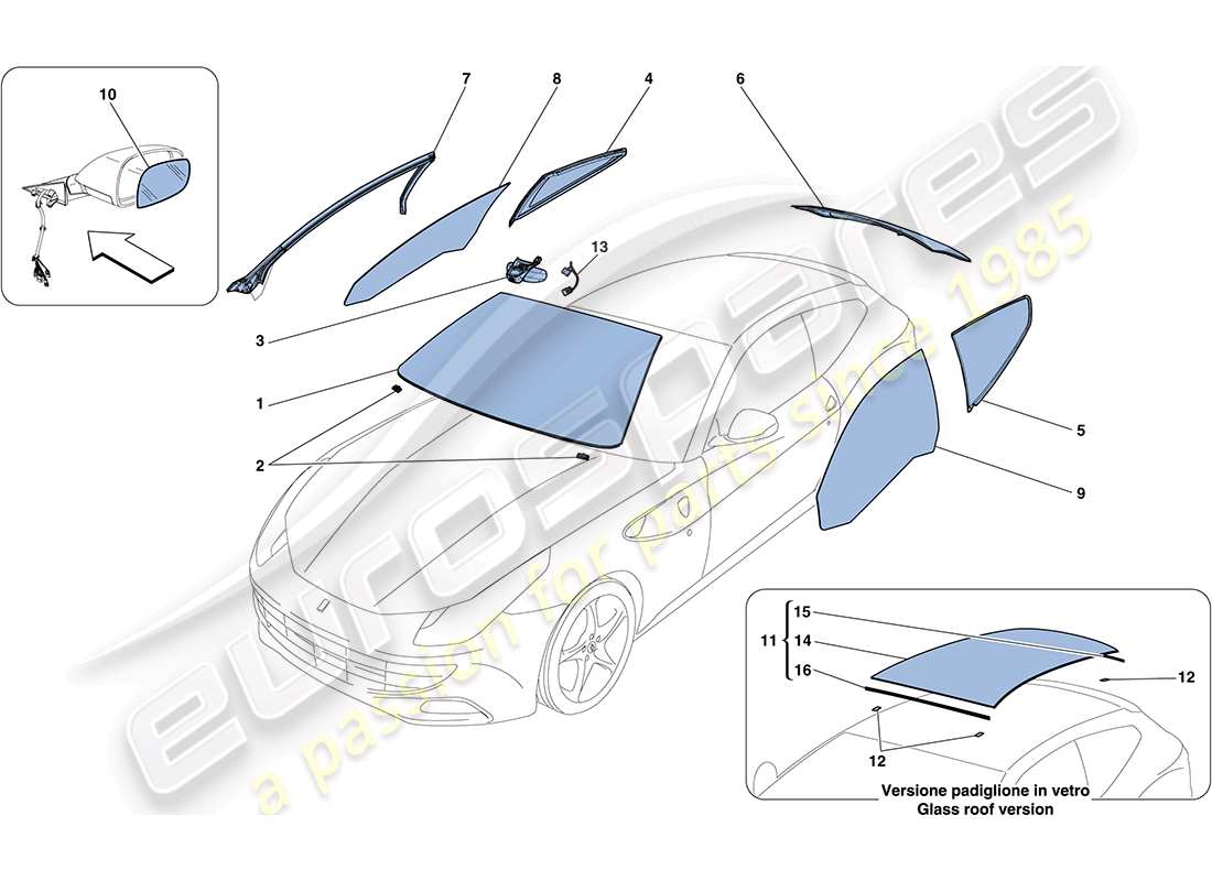 ferrari ff (europe) screens, windows and seals parts diagram