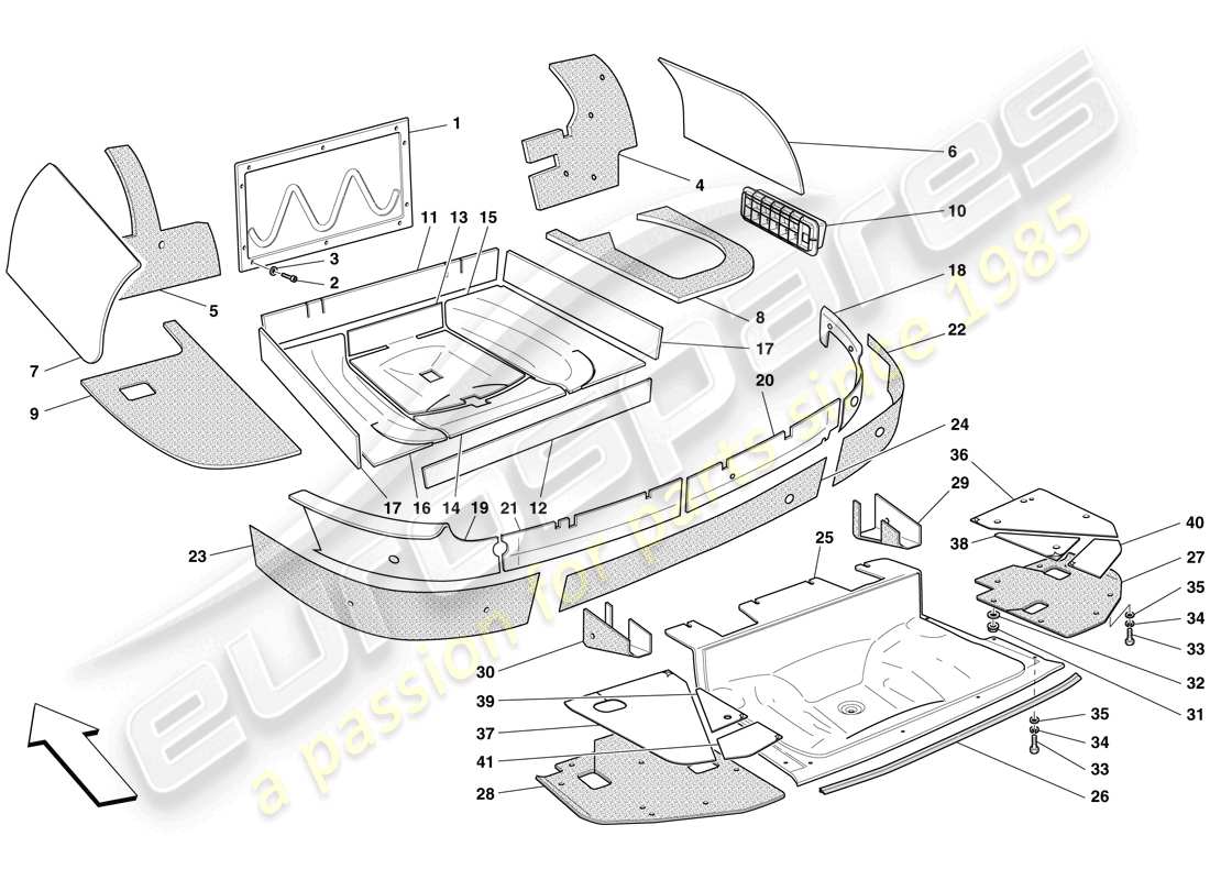ferrari 599 gto (usa) luggage compartment insulation parts diagram