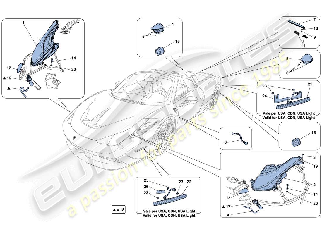 ferrari 458 speciale aperta (rhd) headlights and taillights parts diagram