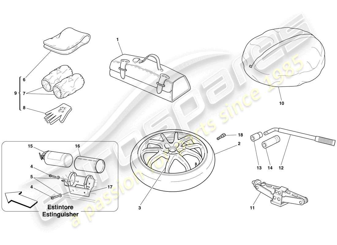 ferrari 599 gtb fiorano (rhd) spare wheel and accessories part diagram