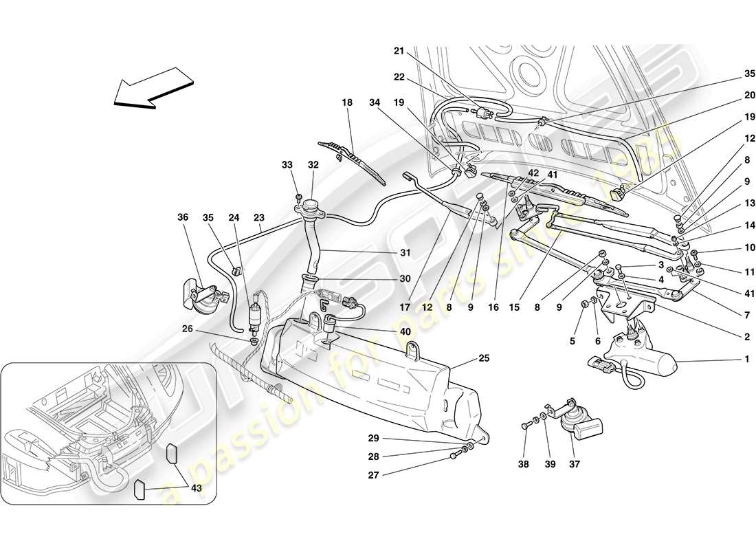 ferrari f430 coupe (europe) windscreen wiper, windscreen washer and horns part diagram