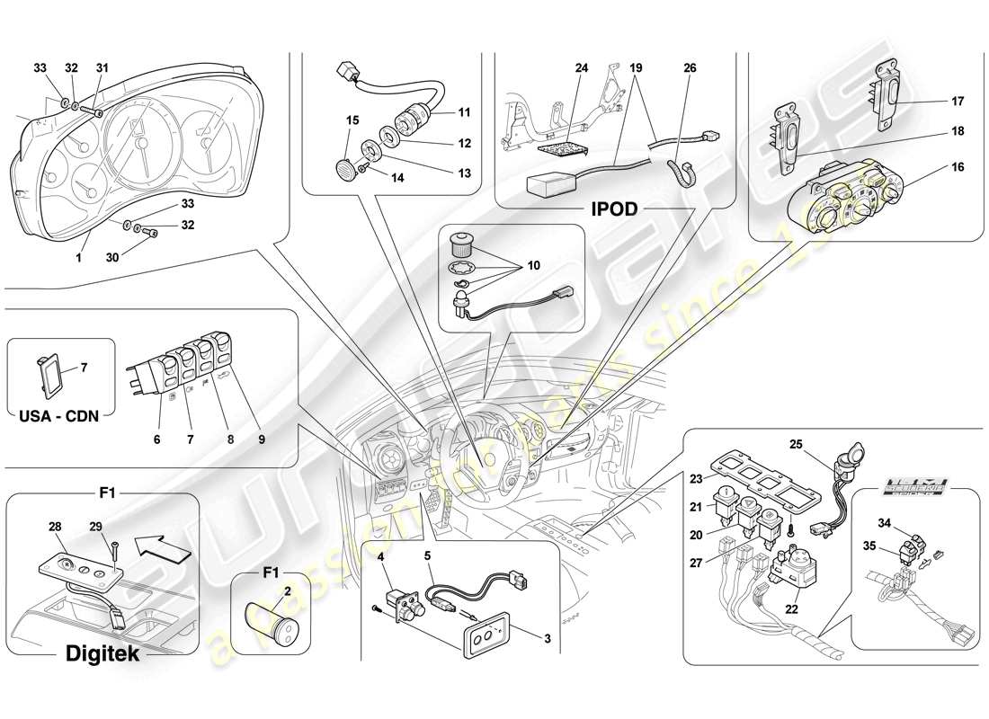 ferrari f430 scuderia (rhd) dashboard and tunnel instruments parts diagram