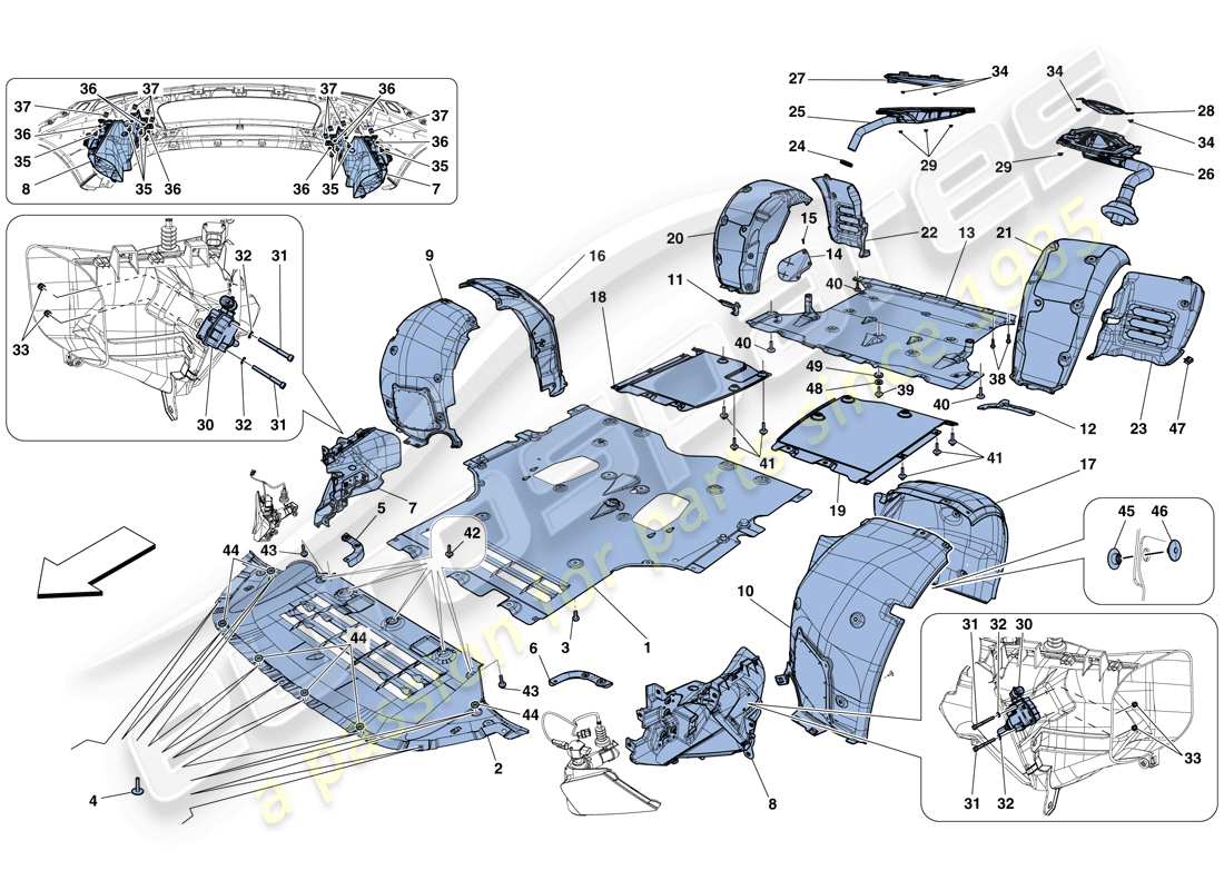 ferrari f12 berlinetta (rhd) flat undertray and wheelhouses parts diagram