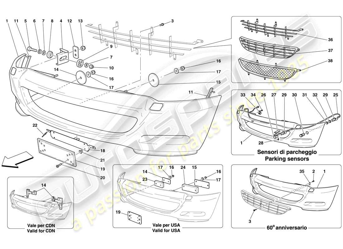 ferrari 612 sessanta (europe) front bumper parts diagram