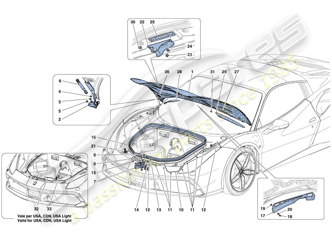 ferrari 488 spider (europe) front lid and opening mechanism part diagram