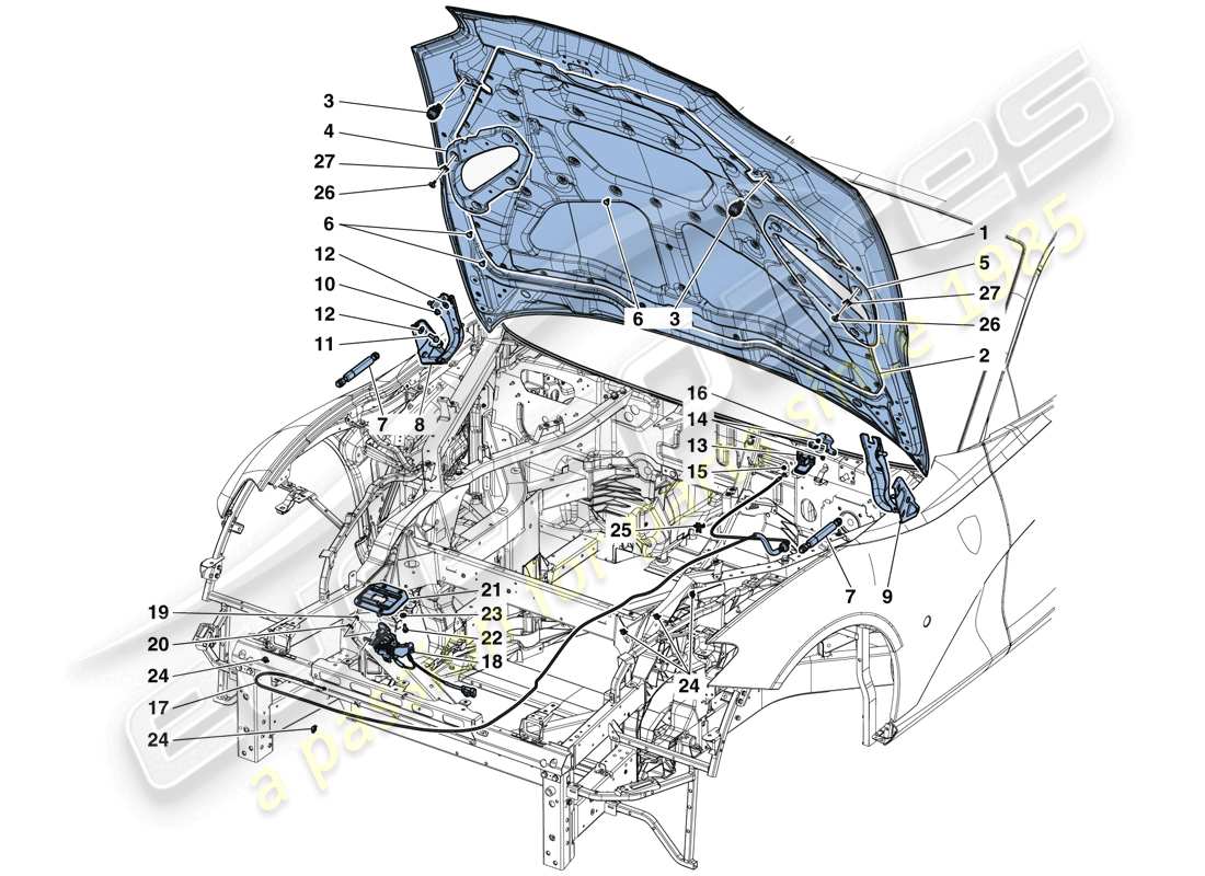 ferrari 812 superfast (europe) front lid and opening mechanism parts diagram