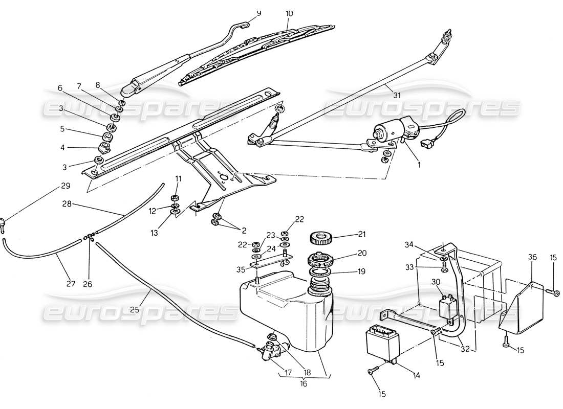 maserati 222 / 222e biturbo windshield wiper - washer (rh steering) parts diagram