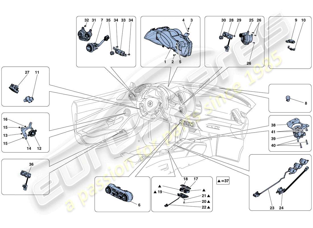 ferrari 488 gtb (rhd) dashboard and tunnel instruments parts diagram