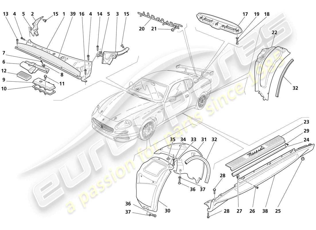 maserati trofeo shields and outside finishing parts diagram