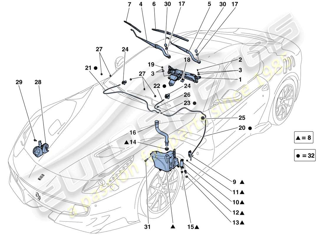 ferrari f12 tdf (rhd) windscreen wiper, windscreen washer and horns parts diagram