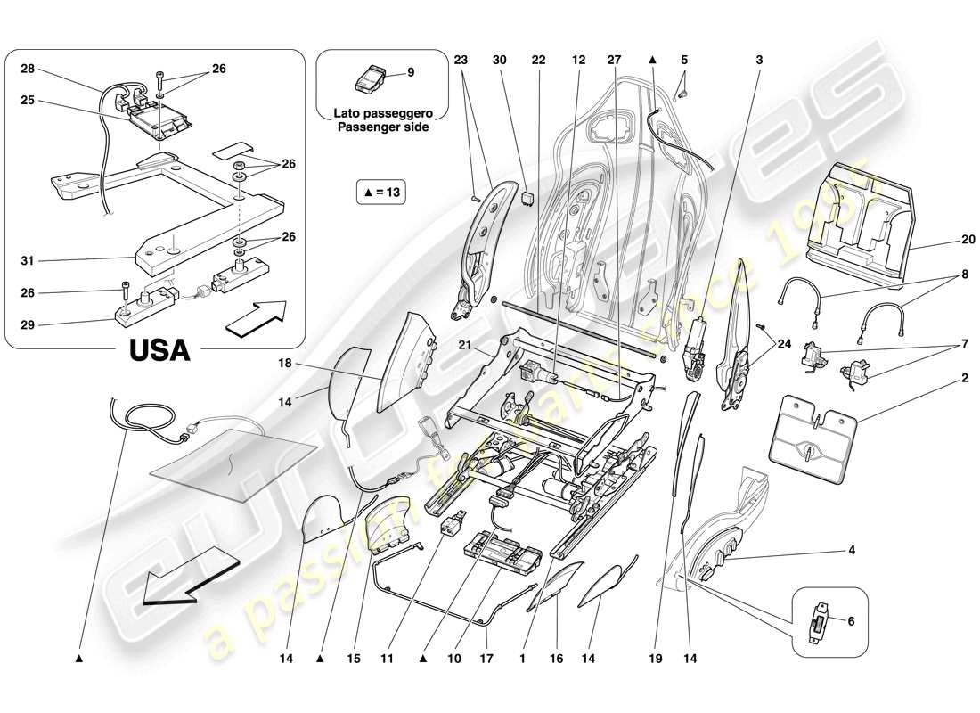 ferrari 599 gtb fiorano (usa) front seat - guides and adjustment mechanisms parts diagram