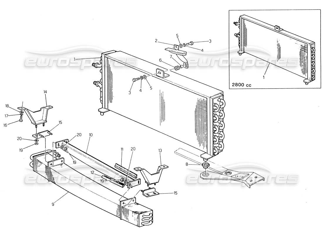 maserati 222 / 222e biturbo upper and lower condenser (pre modif.) parts diagram