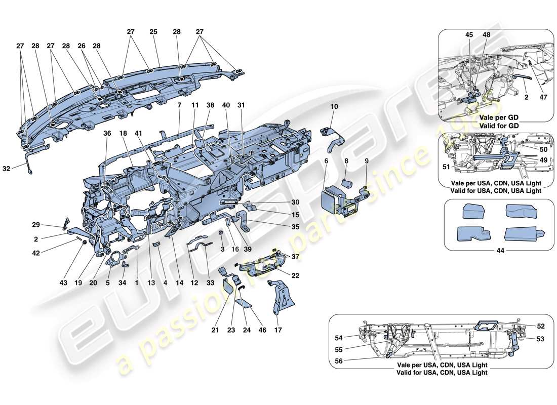 ferrari 488 gtb (rhd) dashboard - substructure part diagram