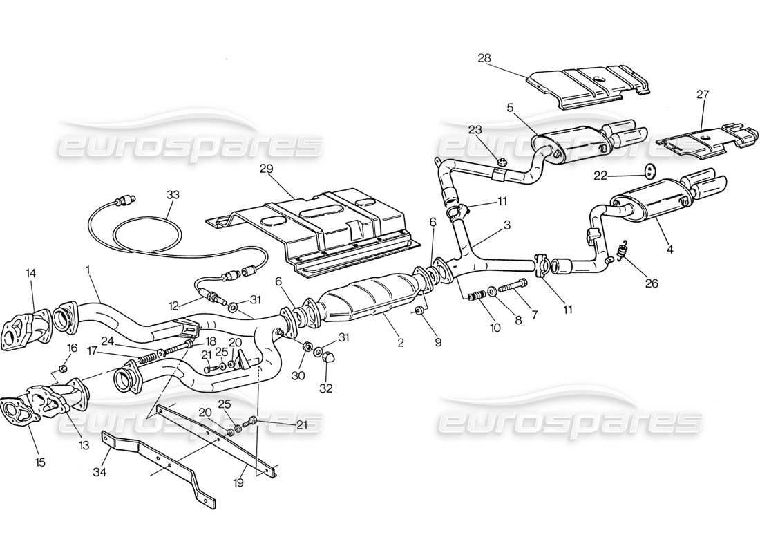 maserati 222 / 222e biturbo exhaust system with catalyst (3v) parts diagram