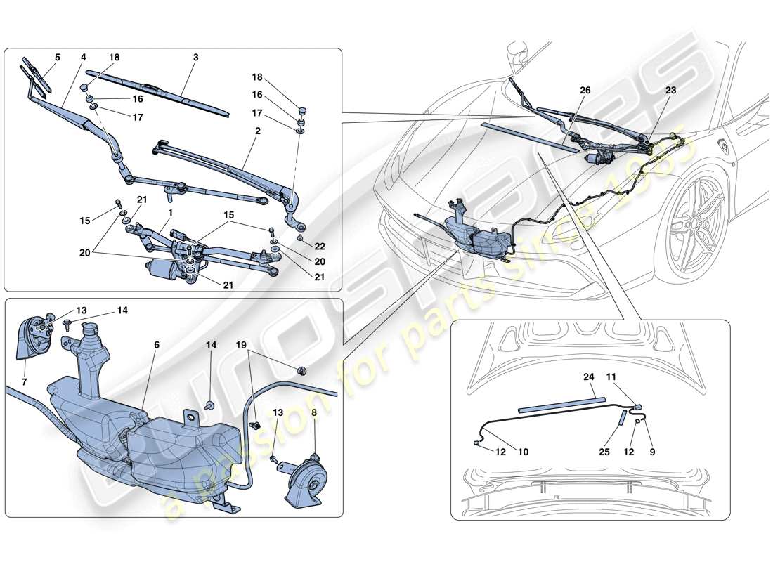 ferrari 488 gtb (rhd) windscreen wiper, windscreen washer and horns part diagram