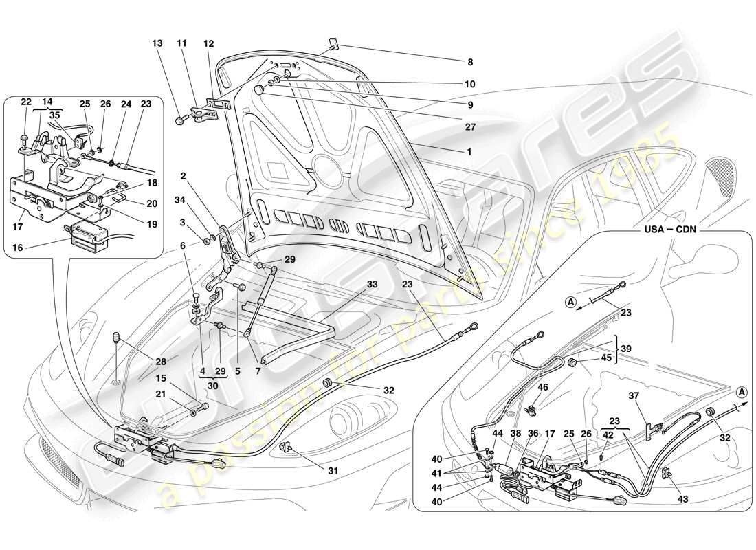 ferrari f430 scuderia spider 16m (usa) front lid and opening mechanism parts diagram