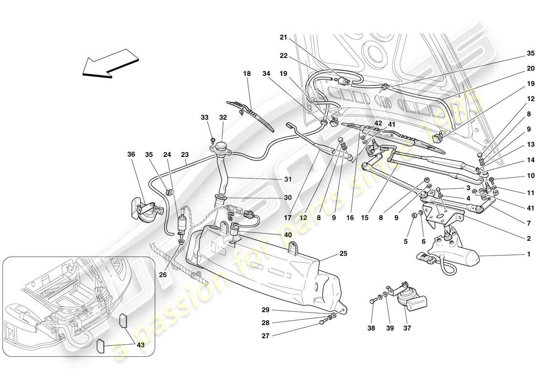 ferrari f430 spider (europe) windscreen wiper, windscreen washer and horns parts diagram