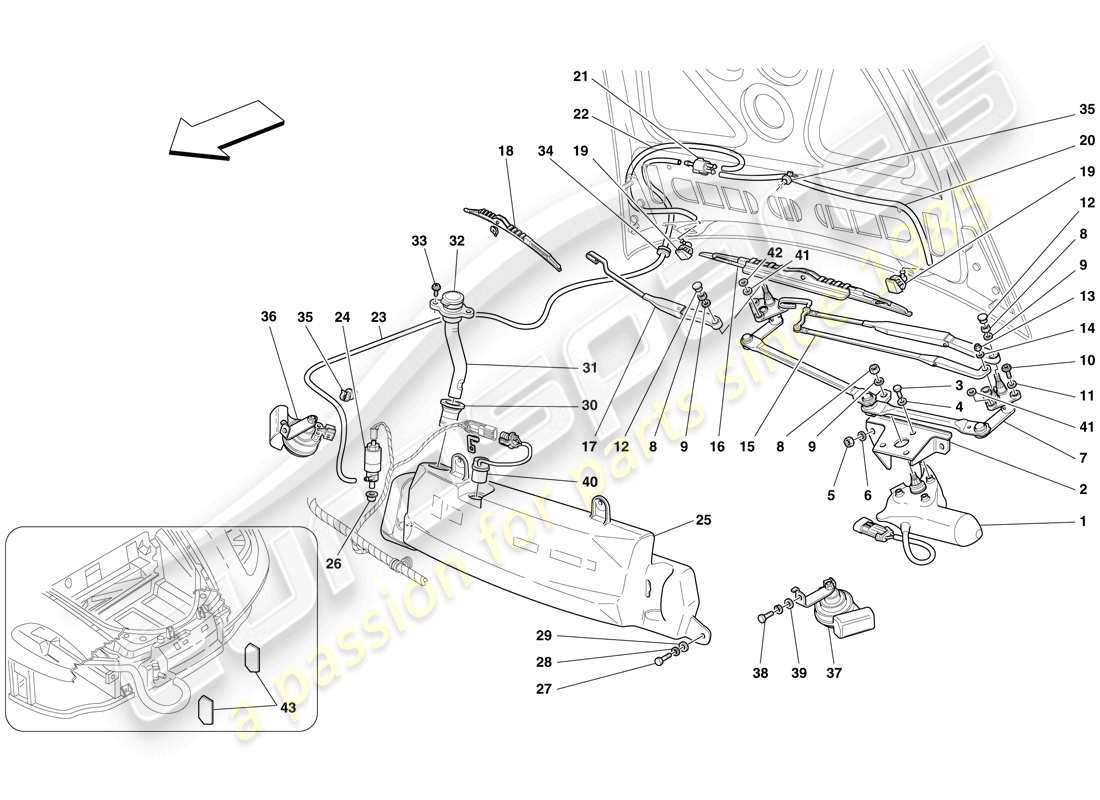 ferrari f430 spider (europe) windscreen wiper, windscreen washer and horns part diagram