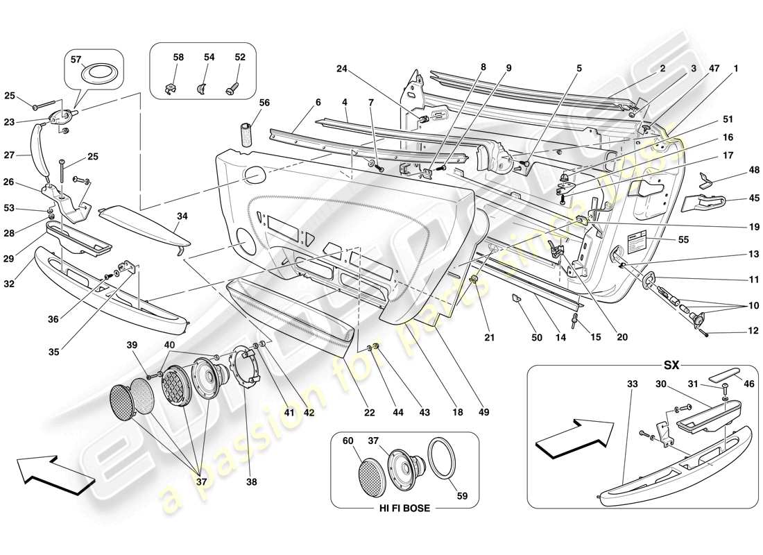 ferrari f430 spider (europe) doors - substructure and trim part diagram