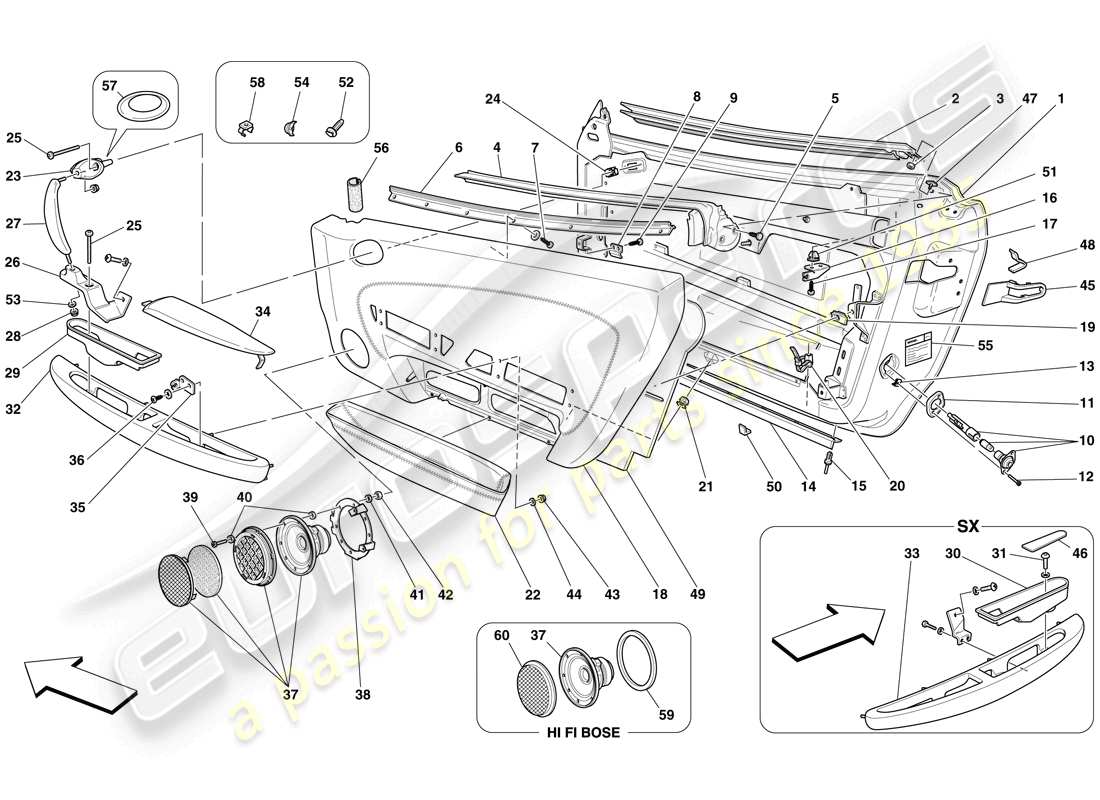 ferrari f430 spider (rhd) doors - substructure and trim parts diagram