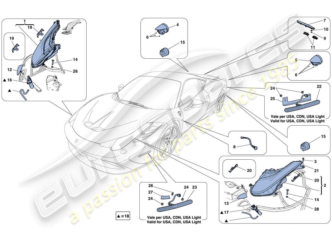 ferrari 458 speciale (rhd) headlights and taillights part diagram