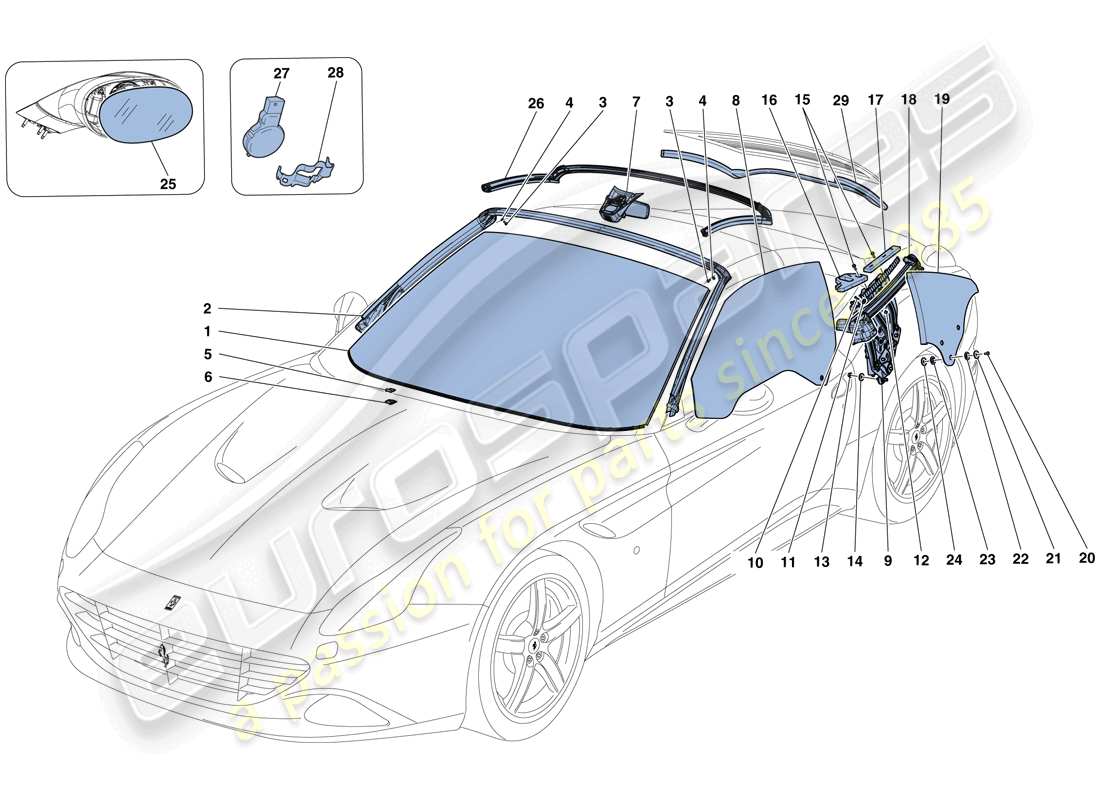 ferrari california t (rhd) screens, windows and seals part diagram