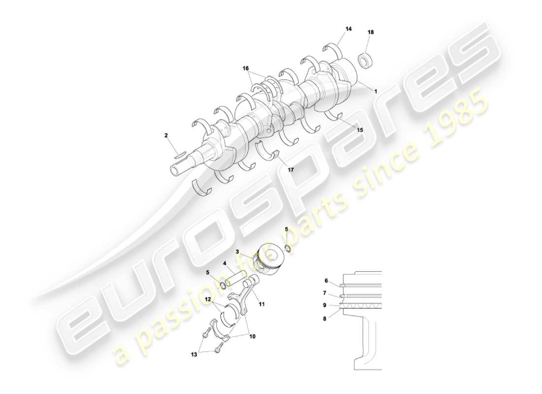 aston martin vanquish (2005) crankshaft, pistons & rods part diagram