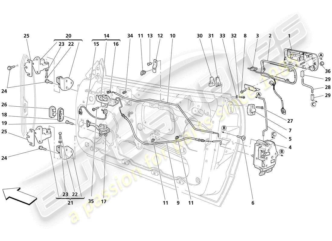 maserati trofeo doors - opening control and hinges parts diagram