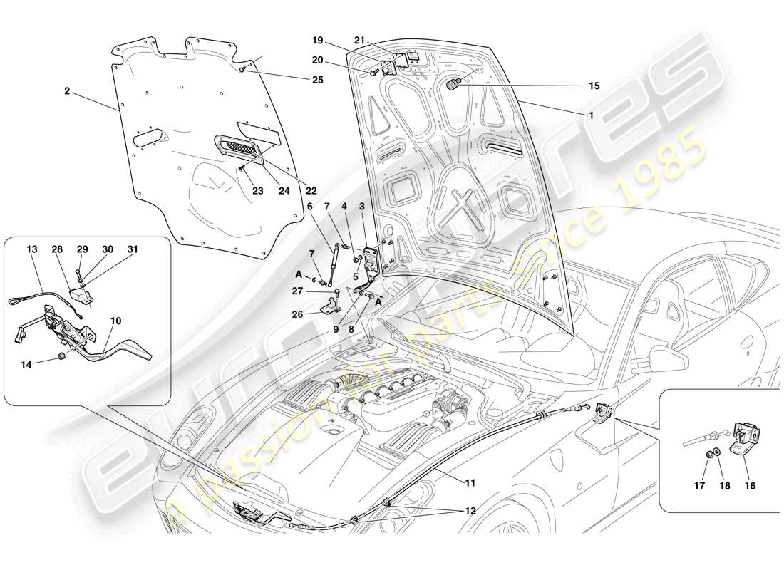 ferrari 599 gtb fiorano (rhd) engine compartment lid parts diagram