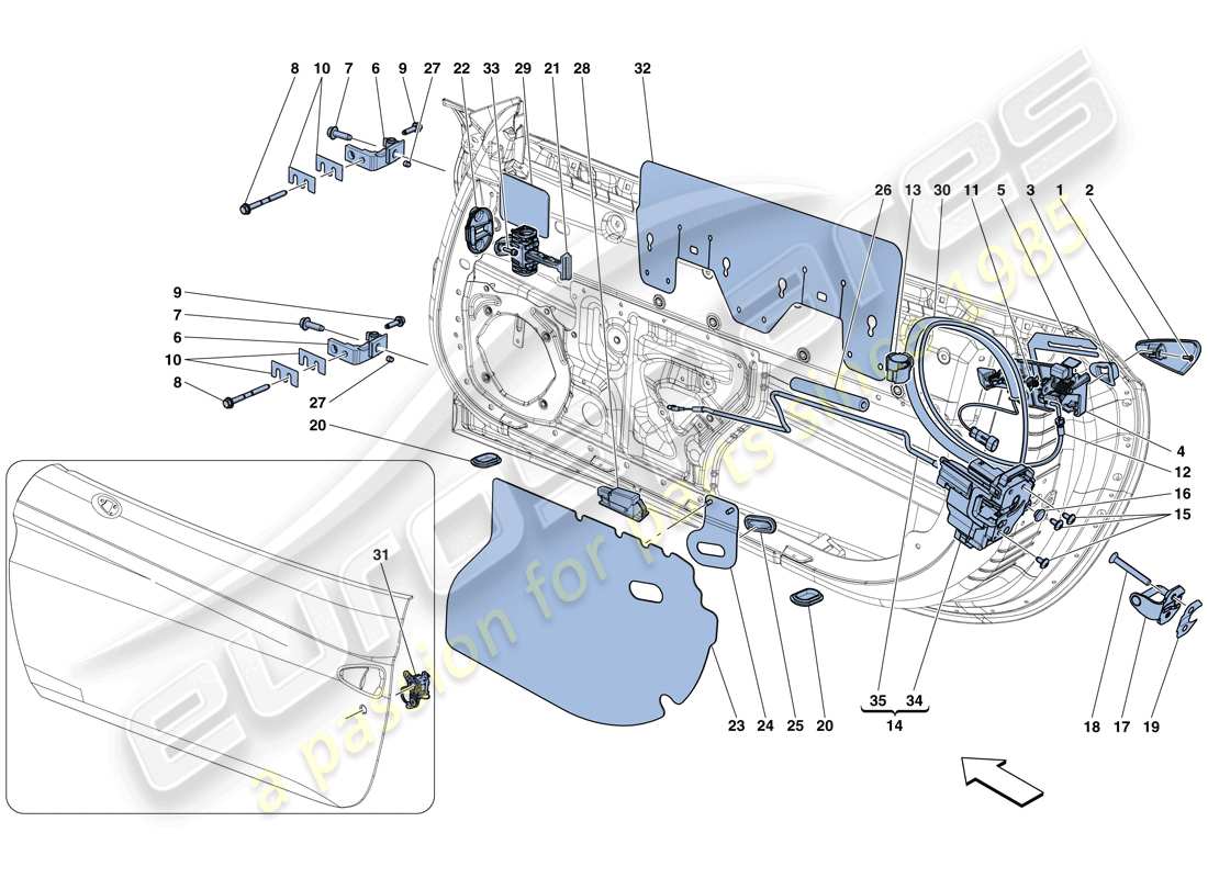 ferrari california t (rhd) doors - opening mechanisms and hinges parts diagram