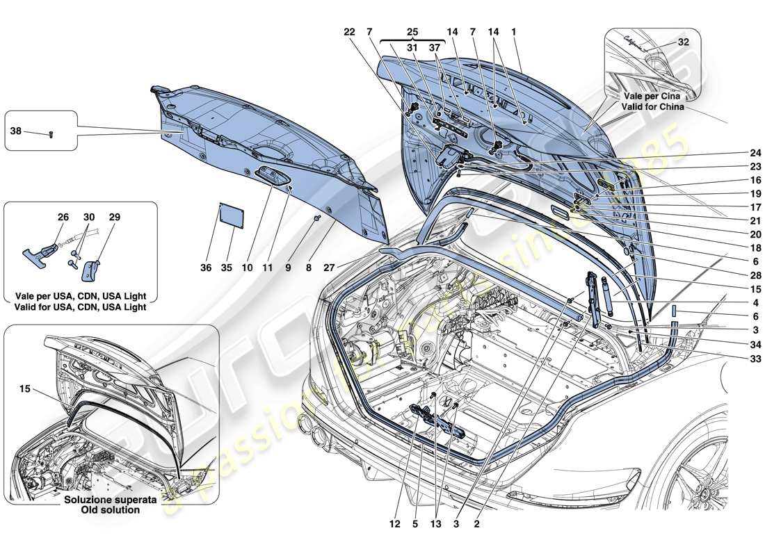 ferrari california t (rhd) rear lid and opening mechanism parts diagram