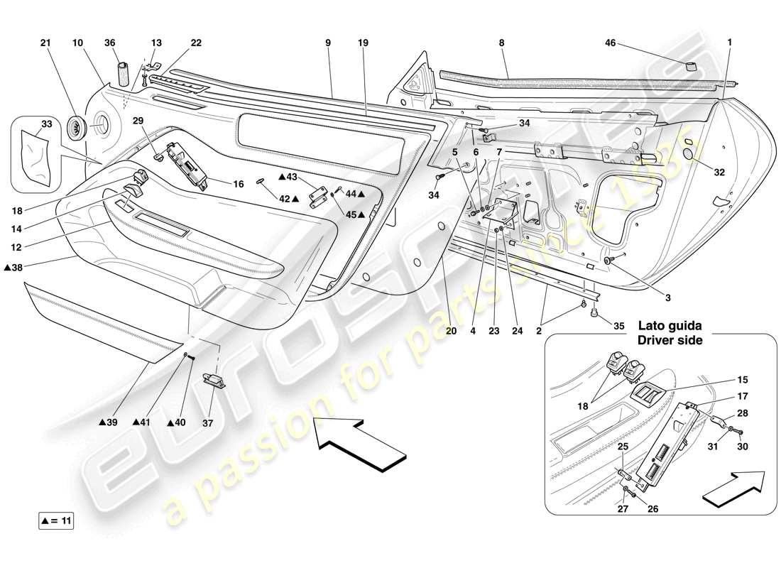 ferrari 599 gto (europe) doors - substructure and trim parts diagram