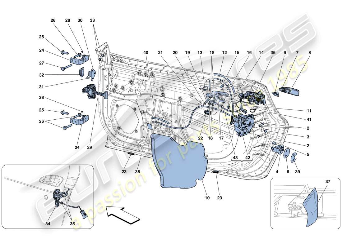 ferrari 488 gtb (rhd) doors - opening mechanisms and hinges parts diagram