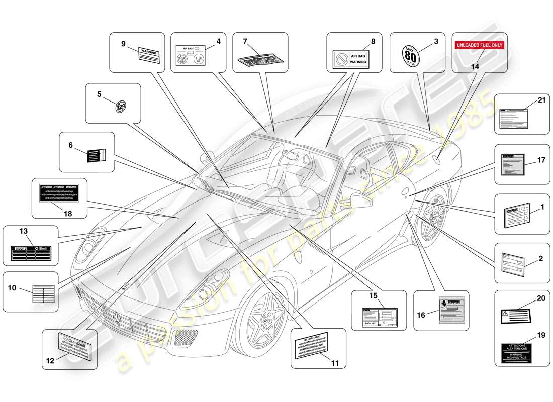 ferrari 599 gtb fiorano (rhd) adhesive labels and plaques part diagram