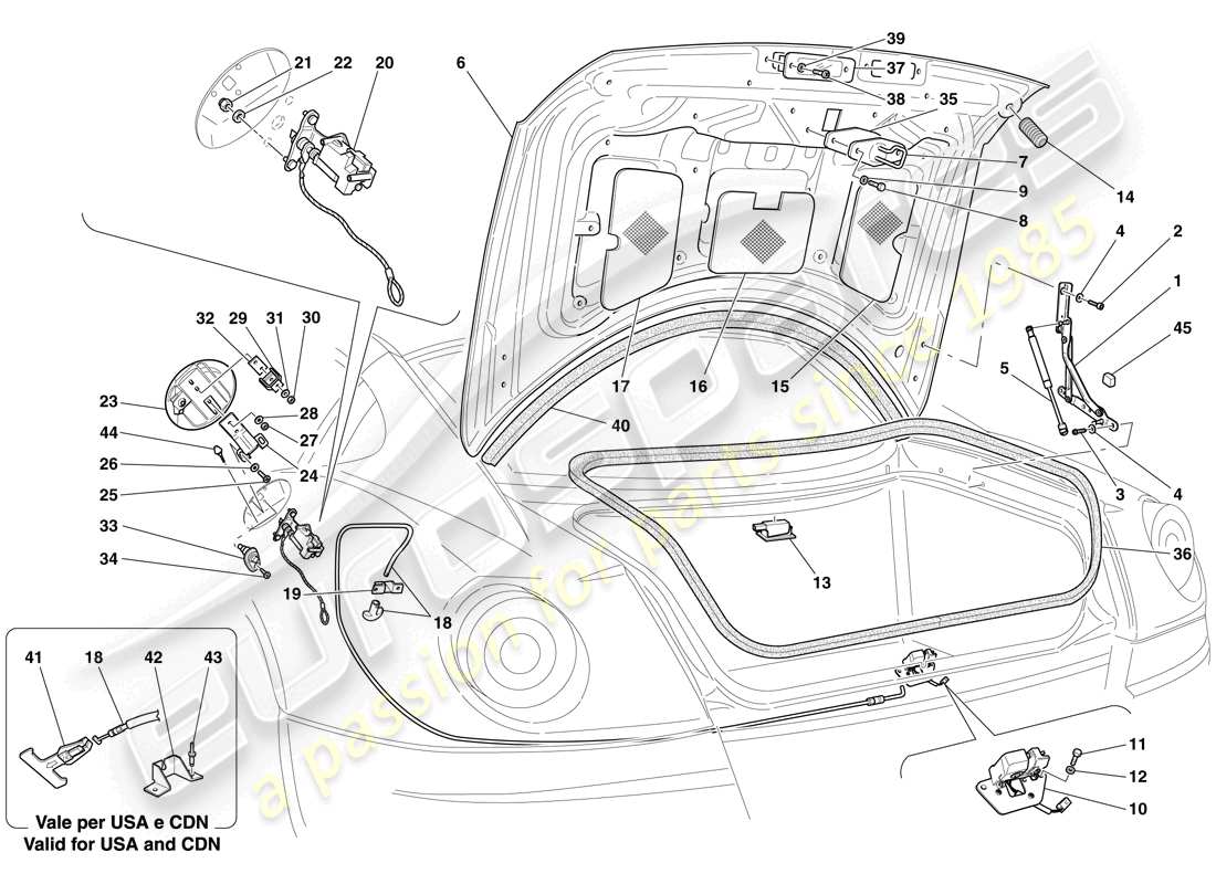 ferrari 599 gto (rhd) luggage compartment lid and fuel filler flap part diagram