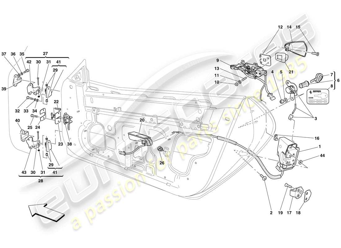 ferrari 599 sa aperta (rhd) doors - opening mechanism and hinges parts diagram