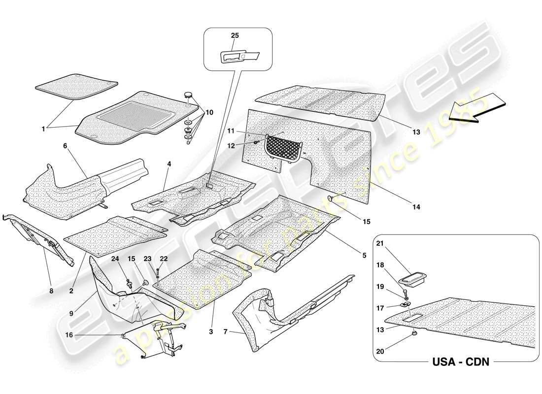 ferrari 599 gtb fiorano (rhd) passenger compartment trim and mats part diagram