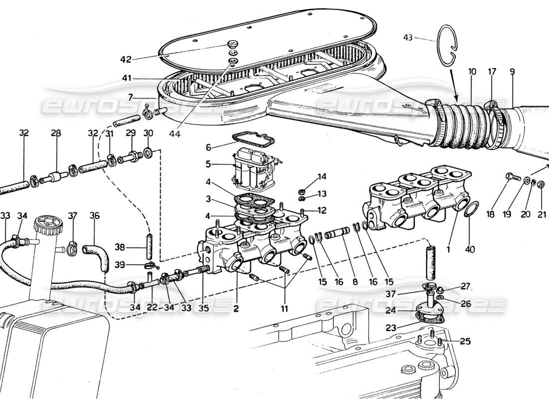 ferrari 365 gtb4 daytona (1969) intake manifolds - air intake (1974 revision) parts diagram