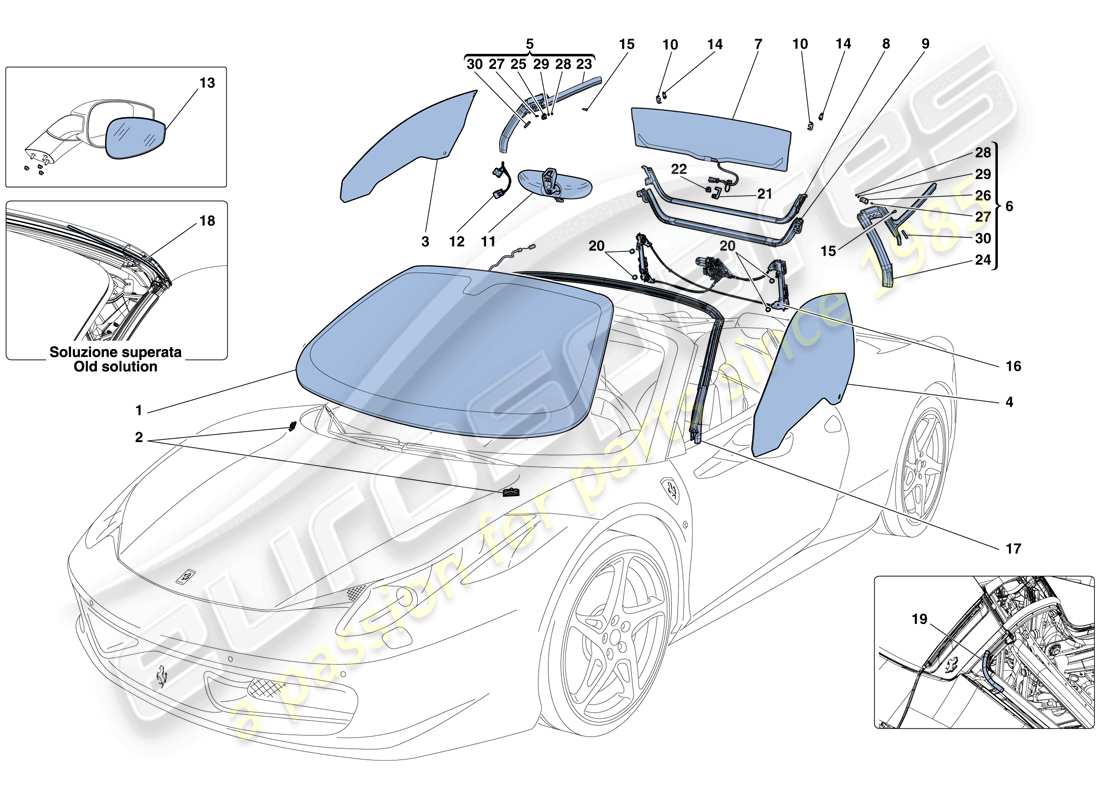 ferrari 458 spider (europe) screens, windows and seals parts diagram