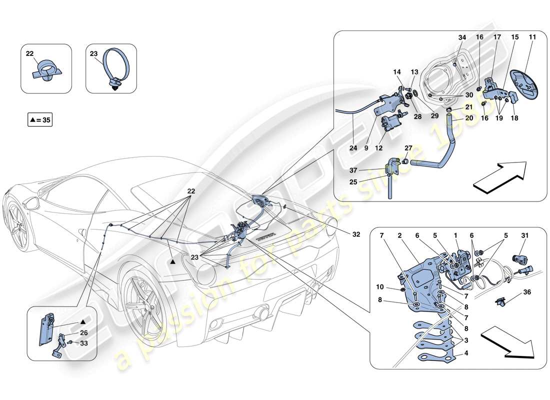 ferrari 458 speciale (europe) engine compartment lid and fuel filler flap opening mechanisms part diagram