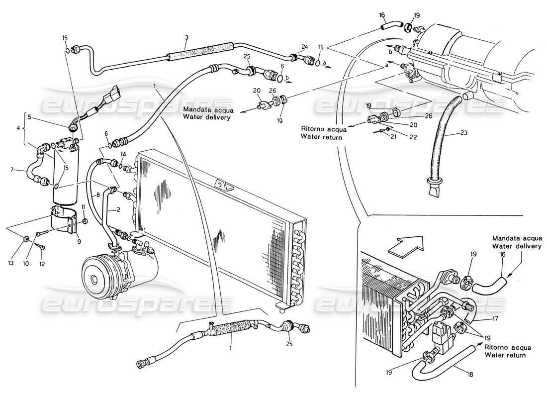 maserati 222 / 222e biturbo air conditioning system lh steering (after modif.) part diagram