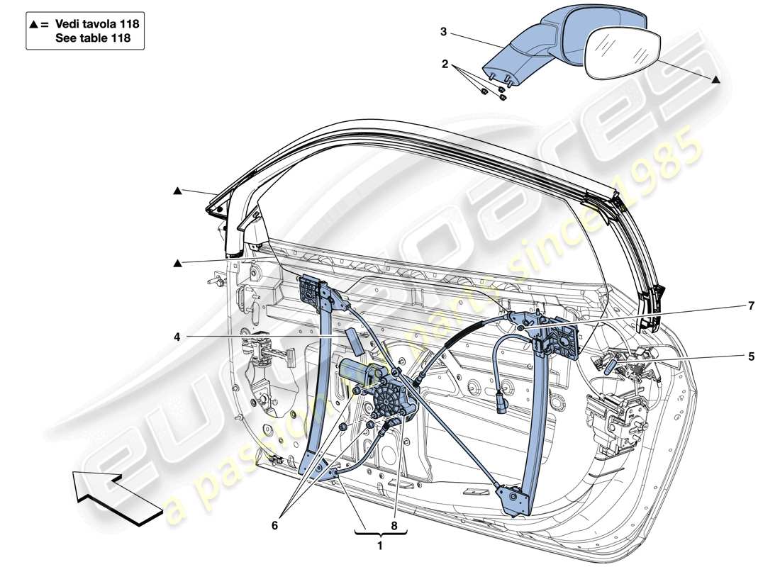 ferrari 458 speciale (europe) doors - power window and rear view mirror parts diagram