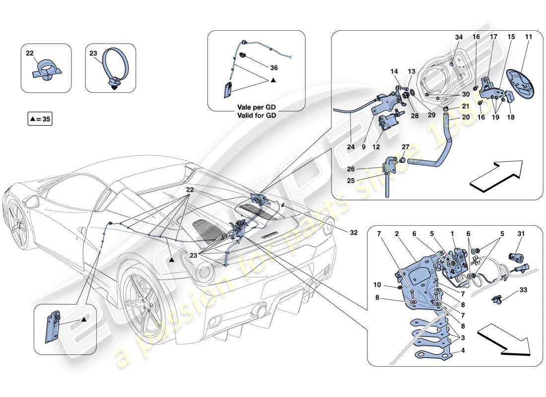 ferrari 458 speciale aperta (rhd) engine compartment lid and fuel filler flap opening mechanisms part diagram