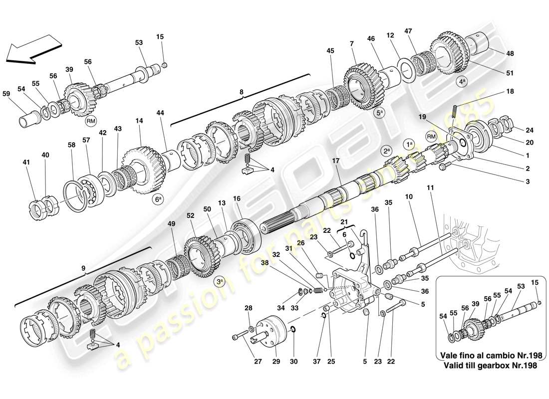ferrari 612 sessanta (rhd) primary gearbox shaft gears and gearbox oil pump parts diagram