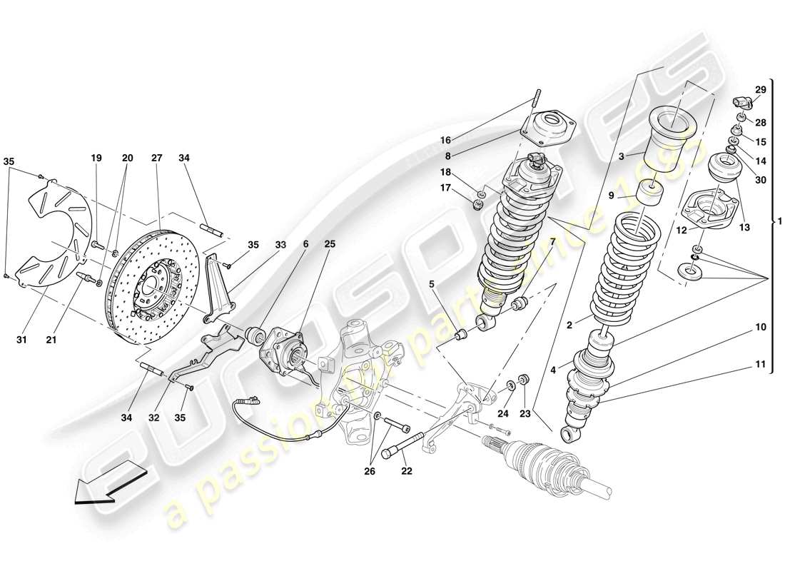 ferrari 599 gto (rhd) rear suspension - shock absorber and brake disc part diagram