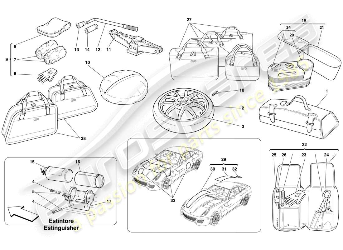 ferrari 599 gto (rhd) tools provided with vehicle part diagram