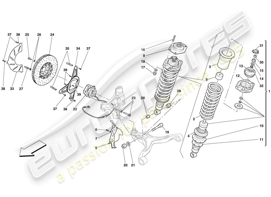 ferrari 599 gto (rhd) front suspension - shock absorber and brake disc part diagram