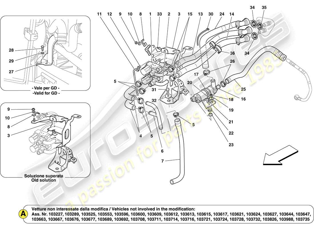 ferrari california (rhd) ac unit: components in engine compartment parts diagram